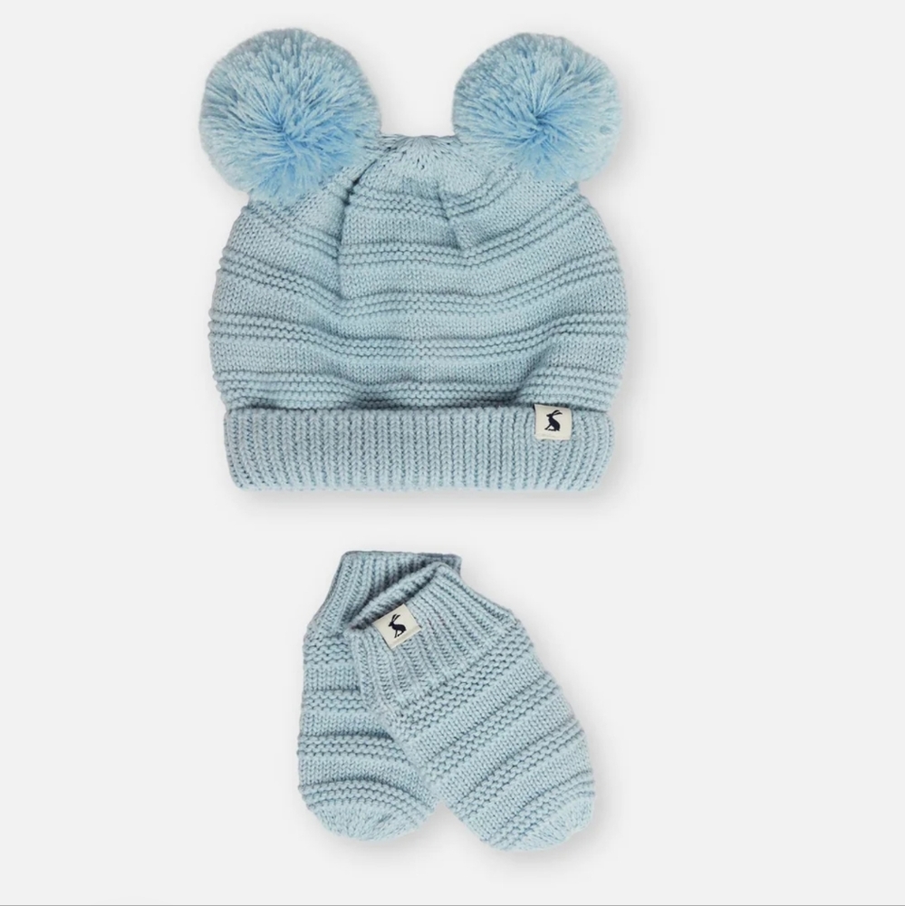 NWT Joules Pom Set Light Blue Knitted Hat and Glove Set
